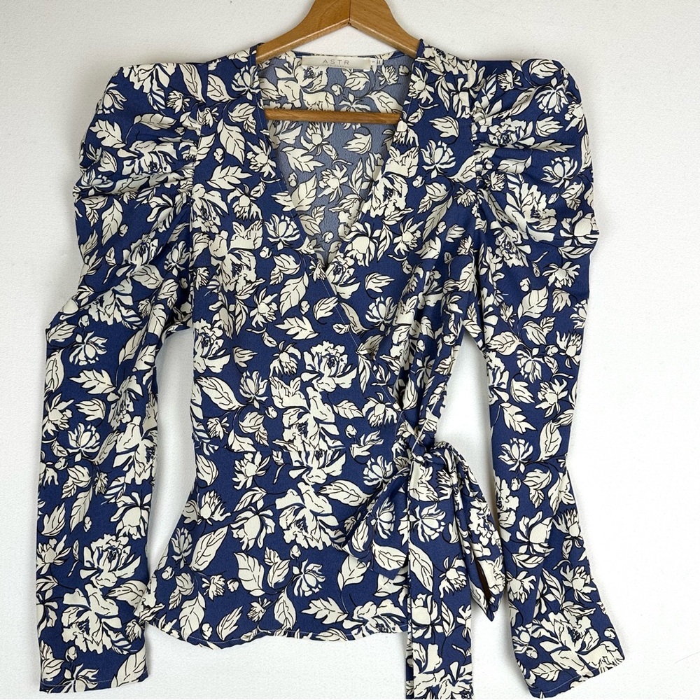 Astr Navy and Cream Floral Wrap Top with Puff Shoulders
